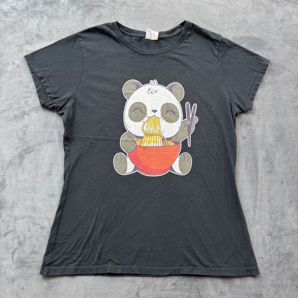 Port & Company Panda Ramen Graphic T-Shirt Black Short Sleeve Ladies Small